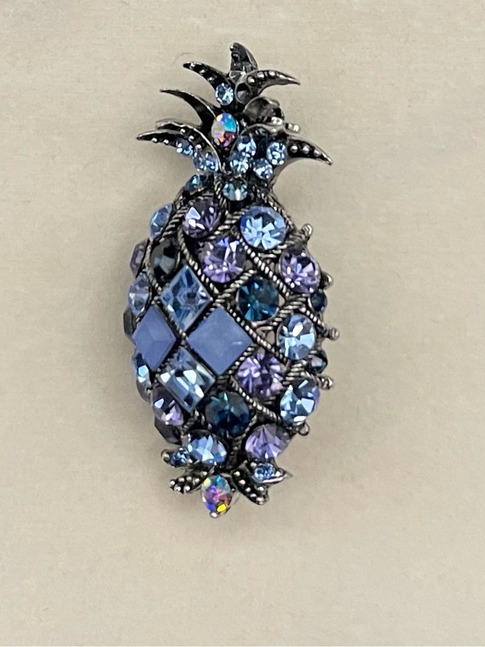 Vintage Shades of Blue Rhinestone Pineapple Statement Brooch Pin